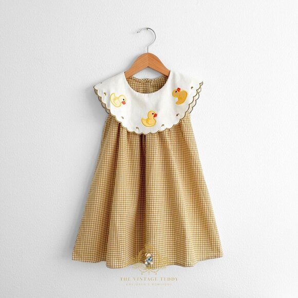 Other - NWT Pretty Girls Embroidered Bib Collar Dress Gingham & Cute Yellow Ducky 6Y